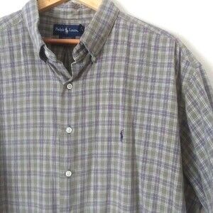 Ralph Lauren Mens McMeel Button Down XXL, Cotton Plaid Short-Sleeve Olive Green